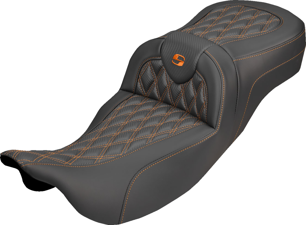 SADDLEMEN Extended Reach Roadsofa™ Carbon Fiber Seat - Lattice - Orange Stitch - Without Backrest - FL '08-'25