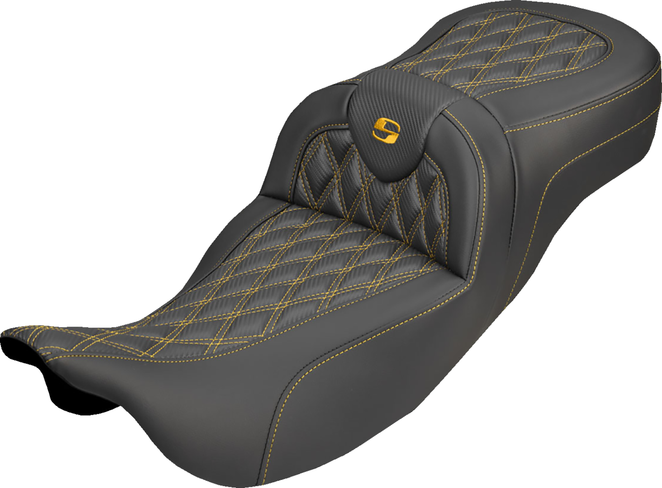 SADDLEMEN Extended Reach Roadsofa™ Carbon Fiber Seat - Lattice - Gold Stitch - Without Backrest - FL '08-'25