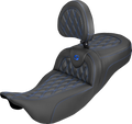 SADDLEMEN Extended Reach Roadsofa™ Carbon Fiber Seat - Lattice - Blue Stitch - With Backrest - FL '08-'25