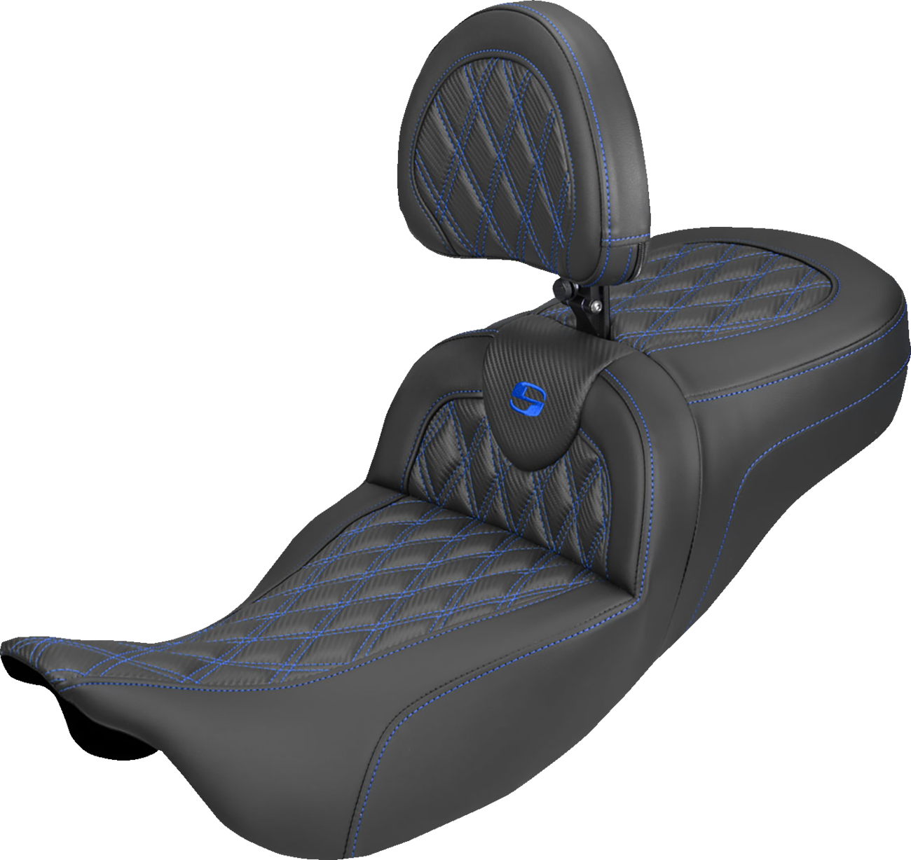 SADDLEMEN Extended Reach Roadsofa™ Carbon Fiber Seat - Lattice - Blue Stitch - With Backrest - FL '08-'25