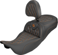 SADDLEMEN Extended Reach Roadsofa™ Carbon Fiber Seat - Lattice - Orange Stitch - With Backrest - FL '08-'25