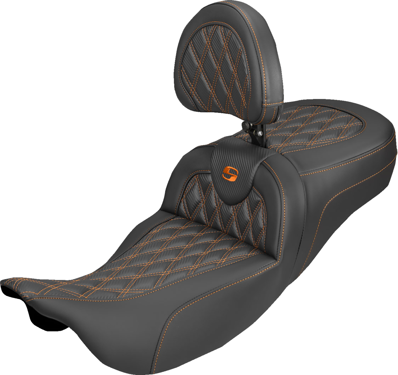 SADDLEMEN Extended Reach Roadsofa™ Carbon Fiber Seat - Lattice - Orange Stitch - With Backrest - FL '08-'25