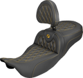 SADDLEMEN Extended Reach Roadsofa™ Carbon Fiber Seat - Lattice - Gold Stitch - With Backrest - FL '08-'25