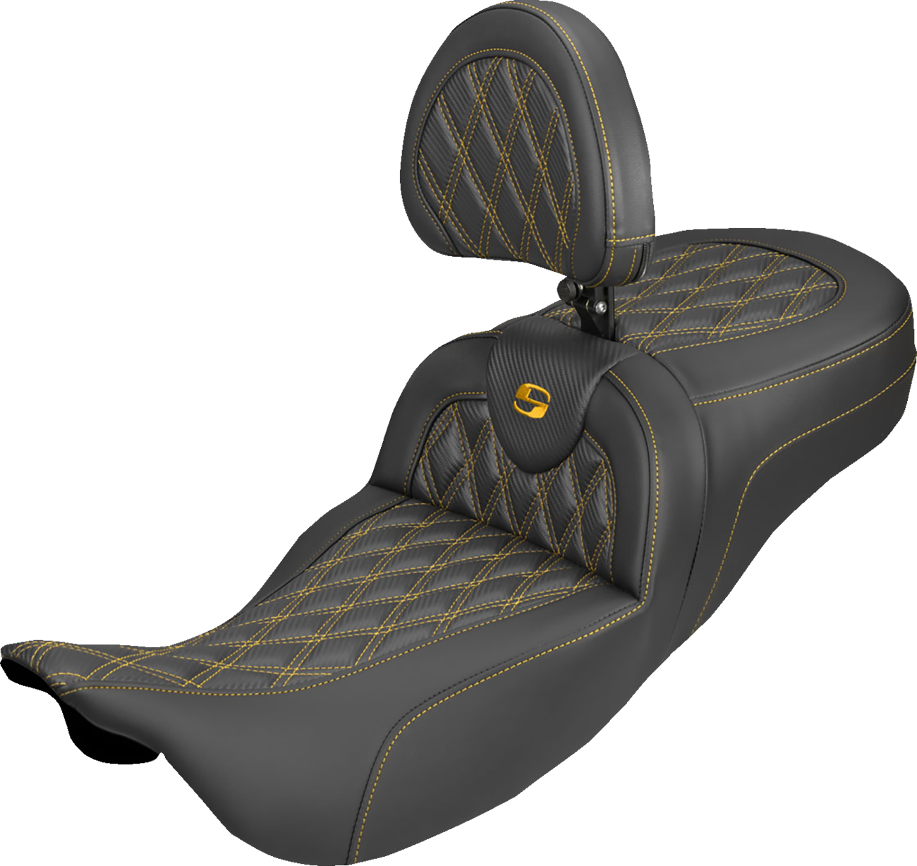 SADDLEMEN Extended Reach Roadsofa™ Carbon Fiber Seat - Lattice - Gold Stitch - With Backrest - FL '08-'25