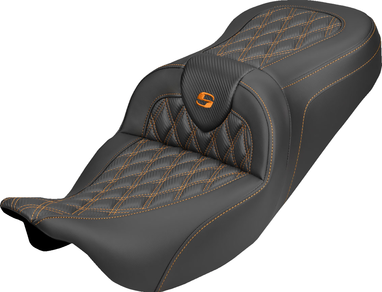 SADDLEMEN Roadsofa™ Carbon Fiber Seat - Lattice - Orange Stitch - Without Backrest - FLH/FLT '08-'25