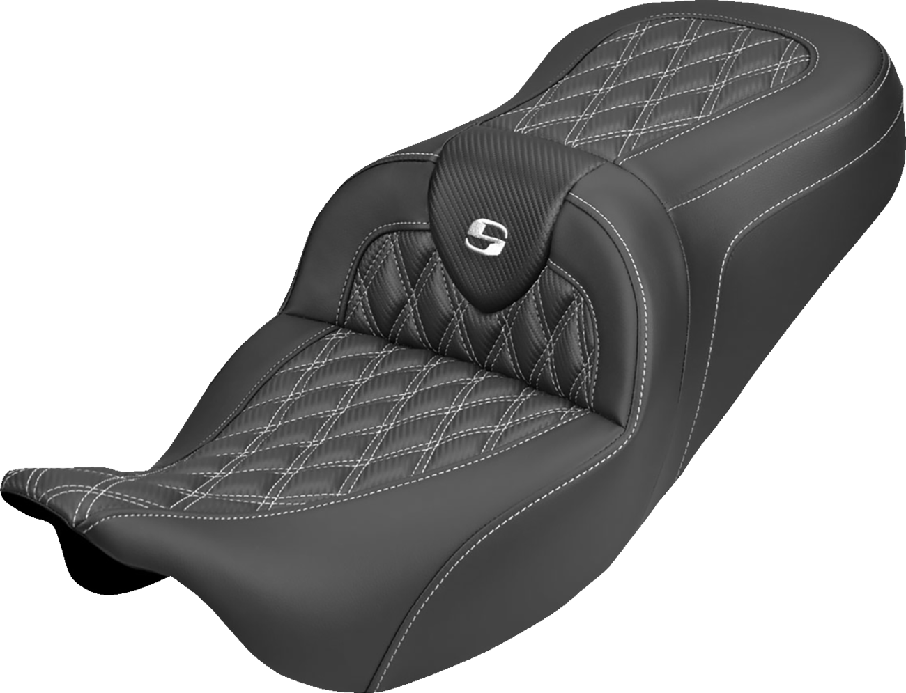 SADDLEMEN Roadsofa™ Carbon Fiber Seat - Lattice - White Stitch - Without Backrest - FLH/FLT '08-'25