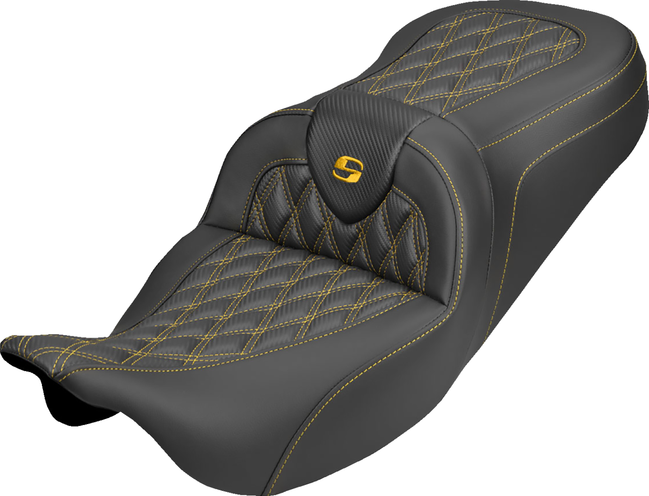 SADDLEMEN Roadsofa™ Carbon Fiber Seat - Lattice - Gold Stitch - Without Backrest - FLH/FLT '08-'25