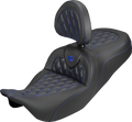 SADDLEMEN Roadsofa™ Carbon Fiber Seat - Lattice - Blue Stitch - With Backrest - FLH/FLT '08-'25
