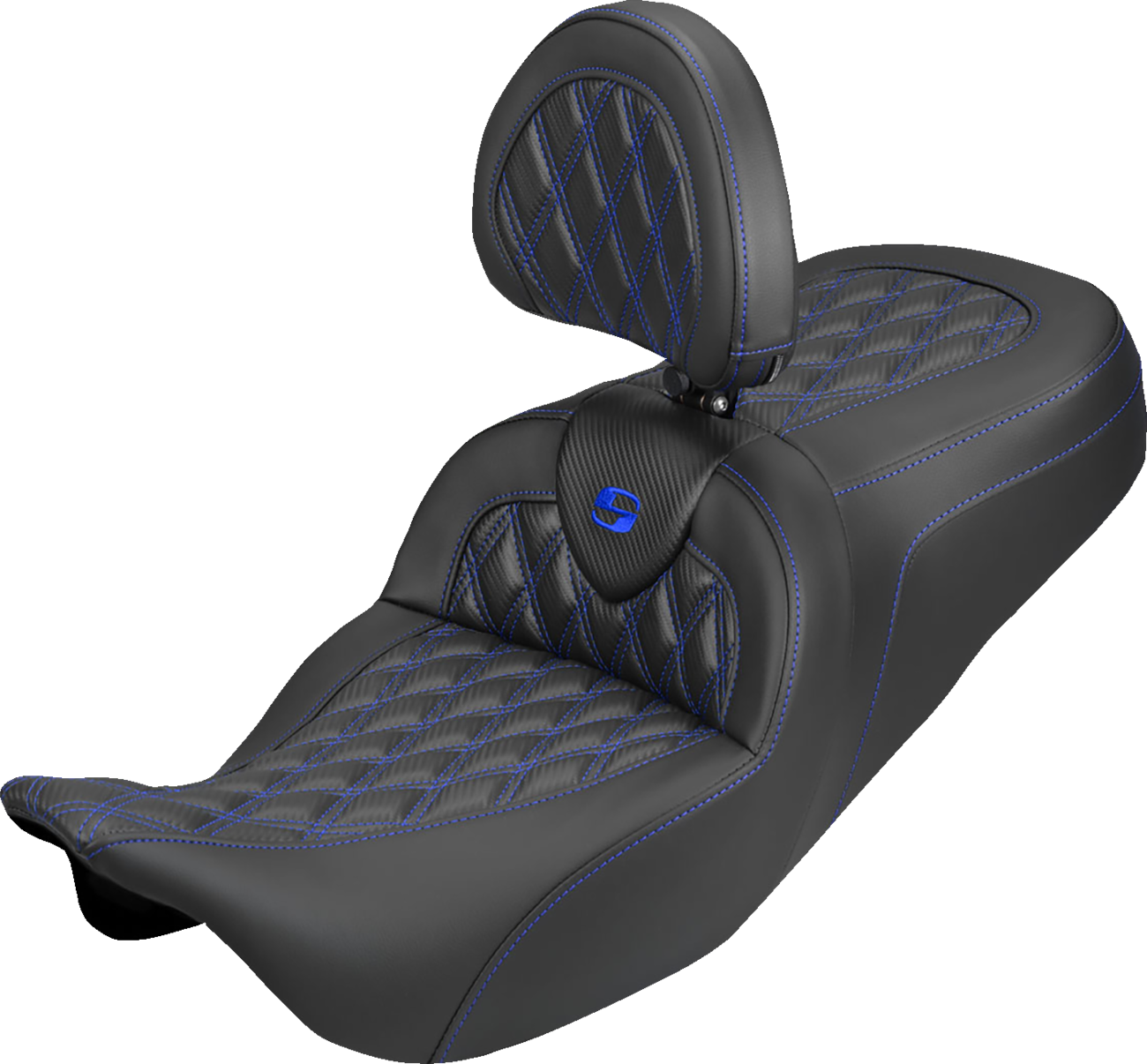 SADDLEMEN Roadsofa™ Carbon Fiber Seat - Lattice - Blue Stitch - With Backrest - FLH/FLT '08-'25