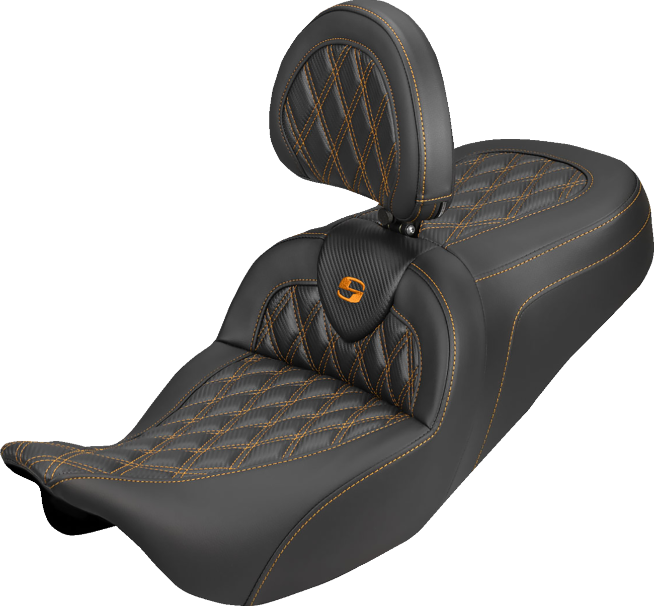 SADDLEMEN Roadsofa™ Carbon Fiber Seat - Lattice - Orange Stitch - With Backrest - FLH/FLT '08-'25
