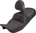 SADDLEMEN Roadsofa™ Carbon Fiber Seat - Lattice - Red Stitch - With Backrest - FLH/FLT '08-'25