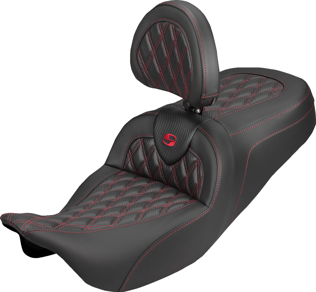 SADDLEMEN Roadsofa™ Carbon Fiber Seat - Lattice - Red Stitch - With Backrest - FLH/FLT '08-'25