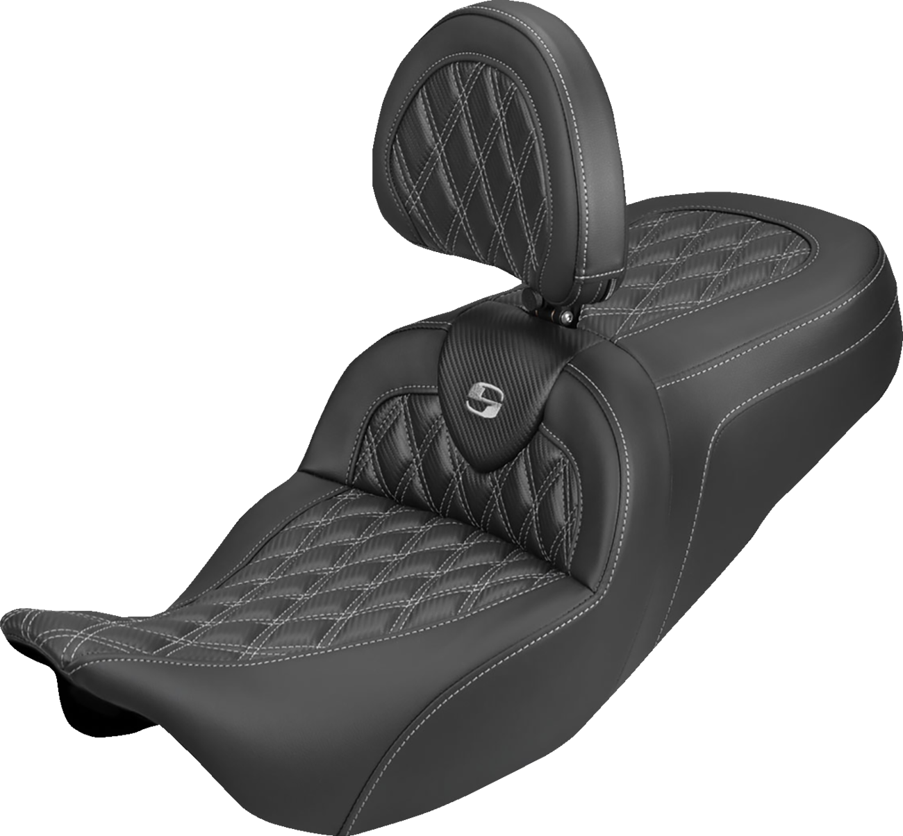 SADDLEMEN Roadsofa™ Carbon Fiber Seat - Lattice - Silver Stitch - With Backrest - FLH/FLT '08-'25