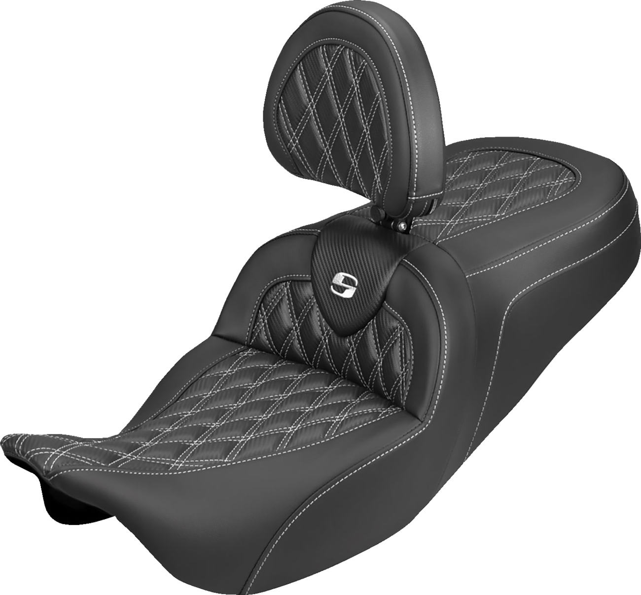 SADDLEMEN Roadsofa™ Carbon Fiber Seat - Lattice - White Stitch - With Backrest - FLH/FLT '08-'25