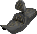 SADDLEMEN Roadsofa™ Carbon Fiber Seat - Lattice - Gold Stitch - With Backrest - FLH/FLT '08-'25