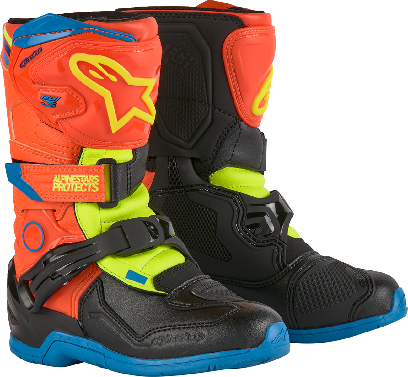 ALPINESTARS Kids Tech 3S Boots - Fluorescent Orange/Fluorescent Yellow/Blue - US 10 / EU 28