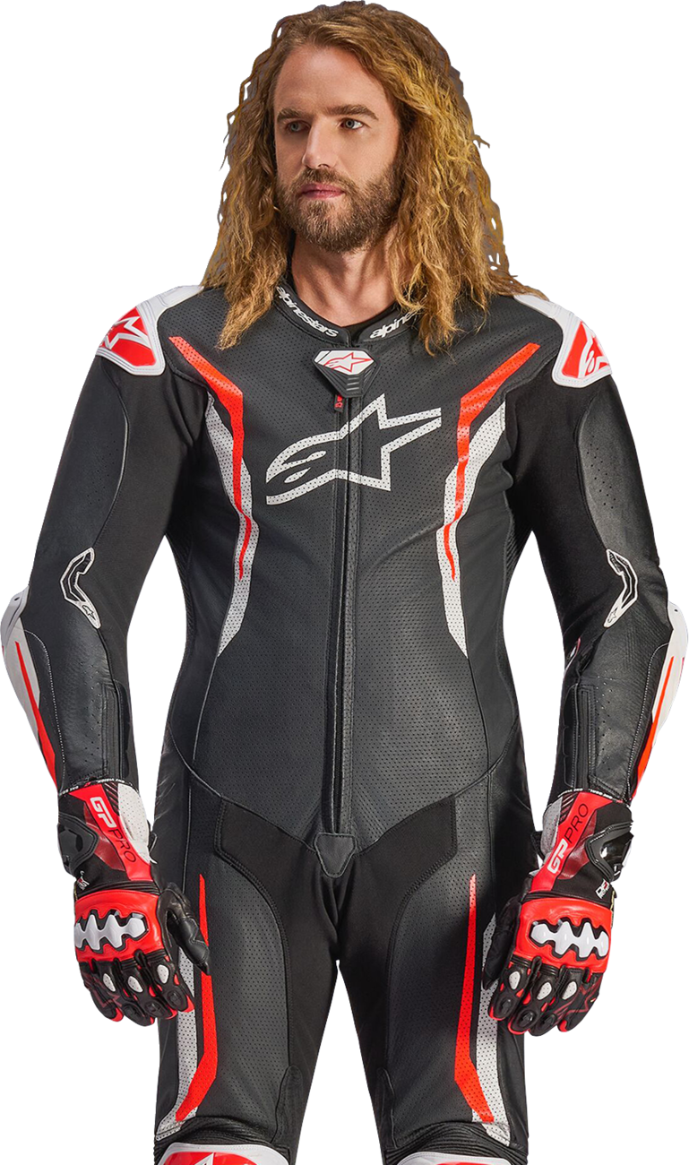 Alpinestars GP Tech v5 1-Piece Leather Suit - Black/White/Red Fluo