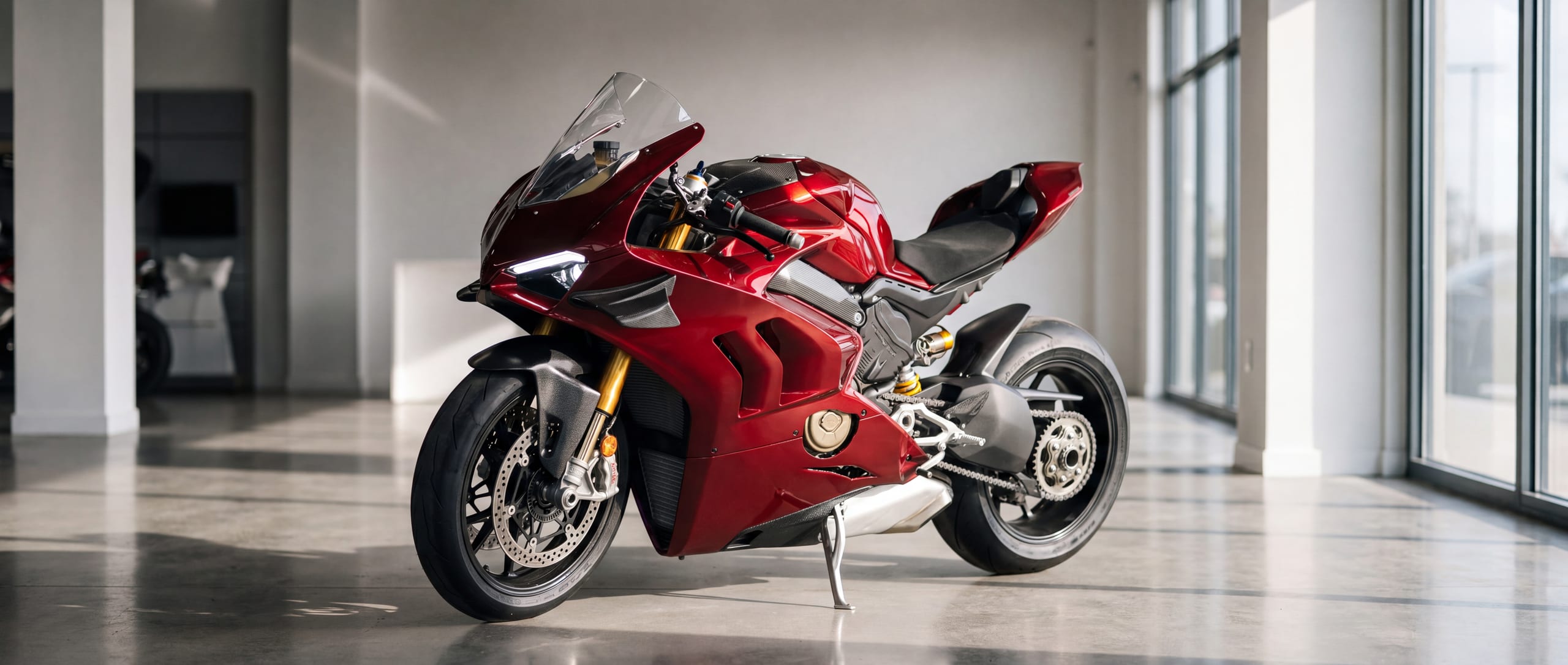 A red litre-class sportbike on the showroom floor at Riders Miami Motorsports